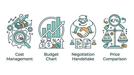 Fototapeta premium Business finance concept icons set, cost management and budget chart illustrations, negotiation handshake and price comparison vector graphics