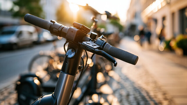 Close up of a sleek electric kick scooter parked on a bright sunlit cobblestone pavement soft morning light glinting off the metallic stem and handlebar controls shallow depth