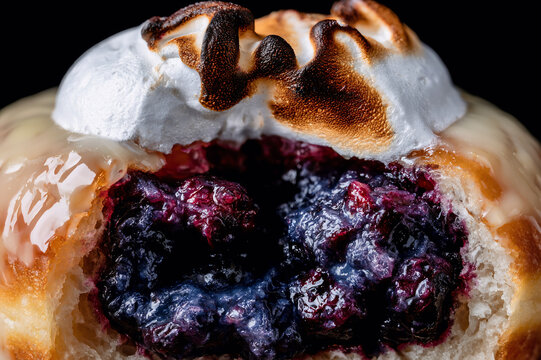 Macro photograph of a lemon glazed donut filled with blueberry compote and toasted meringue
