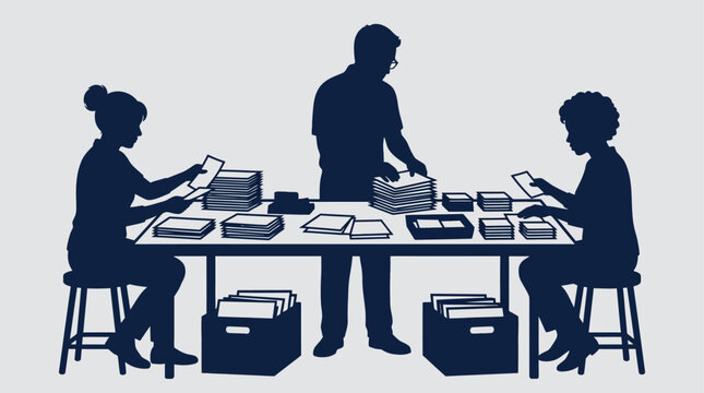 Office workers sorting documents at a table, teamwork, data management, administrative tasks