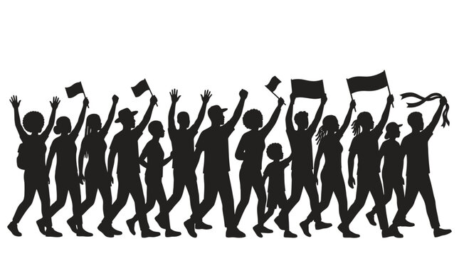 Diverse Crowd Marching with Flags and Signs Silhouette
