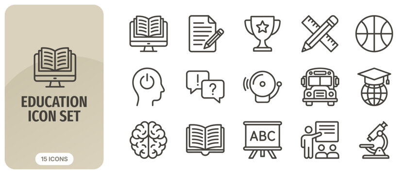 Set of 15 education and school icons, thin line style, vector illustration, elearning, academic study, university, classroom, knowledge, science, research, icons for web and mobile apps