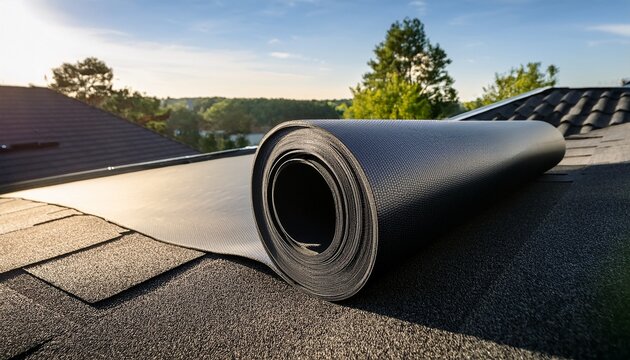 flexible roll of epdm rubber material unrolling on a modern asphalt shingle roof with sleek architectural lines and minimal overhangs roofing material epdm rubber