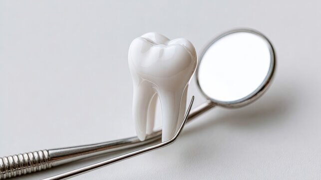 Dentist's tool reflects a white tooth against a plain backdrop.