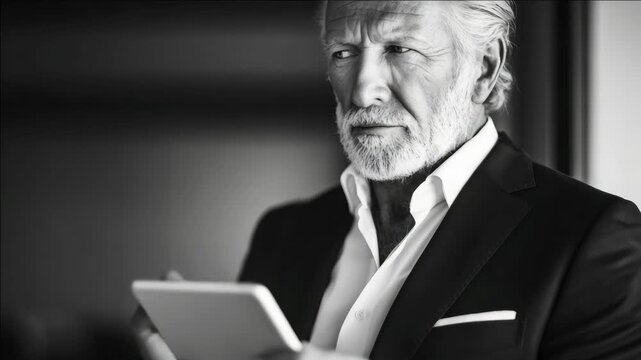 A man with a beard and gray hair, dressed professionally but casually with his shirt collar open, looking intently at a piece of paper or tablet screen.