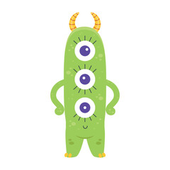 Cute three eyed alien monster vector illustration. Funny green tall creature character with striped horns isolated on white background. Friendly spooky monster doodle for kids halloween decor © Mayartlab
