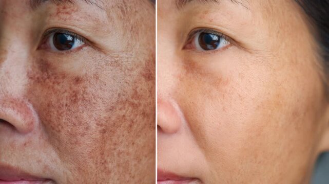 Close-up of woman's face before and after treatment. Visible skin texture and discoloration on left side. Right side shows smoother, even-toned complexion