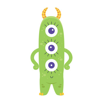 Cute three eyed alien monster vector illustration. Funny green tall creature character with striped horns isolated on white background. Friendly spooky monster doodle for kids halloween decor