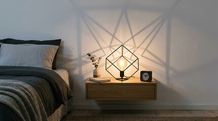 Obraz premium Cozy bedroom interior with modern geometric lamp on wooden nightstand