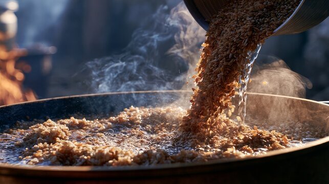 Grain cooks in water for a warm breakfast.