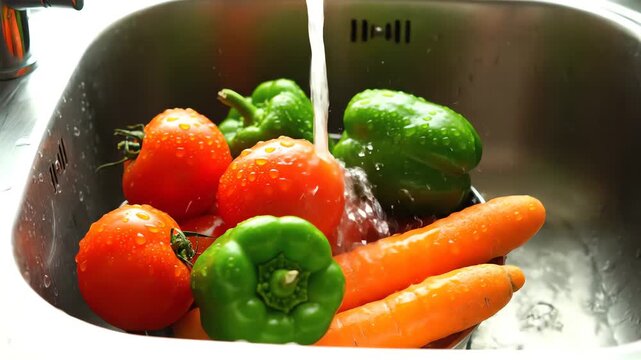 Fresh vegetables, including tomatoes, peppers, and carrots, under running water in a sink