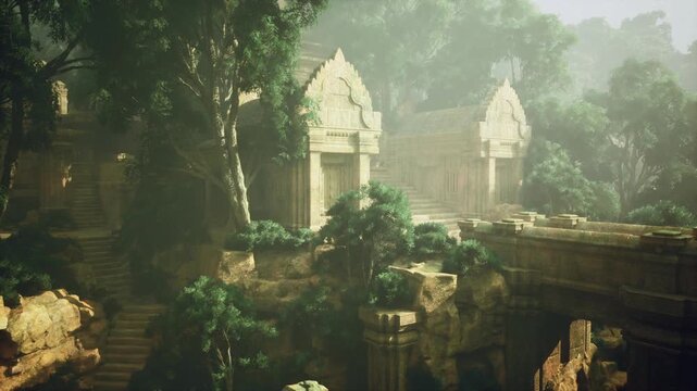 Overgrown temple entrance in golden light, mossclad lintels and weathered columns flanked by dense canopy, ideal for drone scouting, offbeat travel and dramatic