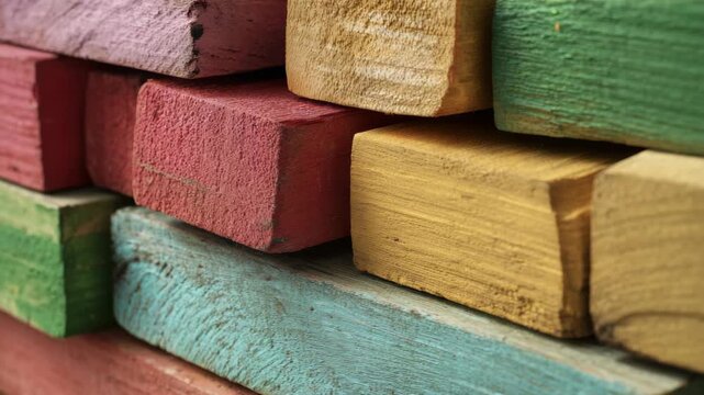 A stack of bricks in various shades such as red, yellow, and green with a hint of blue on the top left corner. The bricks are tightly packed together.