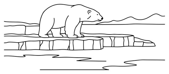 Polar bear standing on ice floe in arctic landscape in minimalist line art © OnlyVector