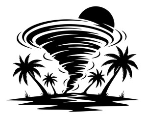 Tropical hurricane tornado hitting an island with palm trees in black stencil style © OnlyVector
