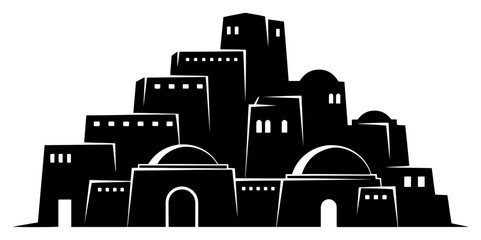Ancient middle eastern village with dome houses and traditional architecture silhouette black and white vector © OnlyVector