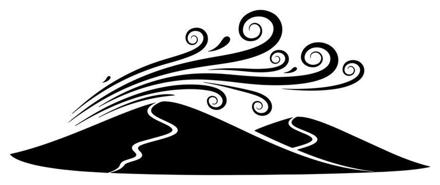 Strong wind gusts blowing over hills with winding path high contrast stencil style black and white vector