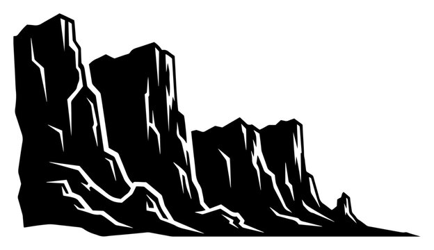 Rocky canyon cliffs and mountain peaks in high-contrast black stencil style
