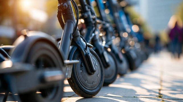 Close up of electric scooters parked outdoors in bright clean daylight crisp detail on wheels decks and handlebars soft shadows on pale pavement electric scooter e scooter