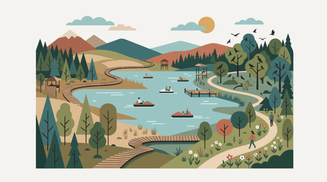 Flat vector illustration showing people enjoying leisure activities in a scenic park with a lake mountains and green forest trees