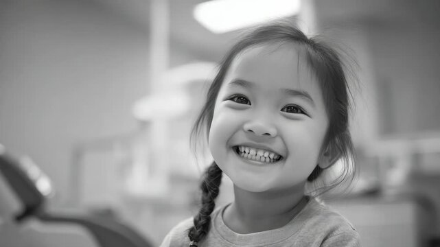 A cheerful Asian child with a missing tooth grinning brightly for the .