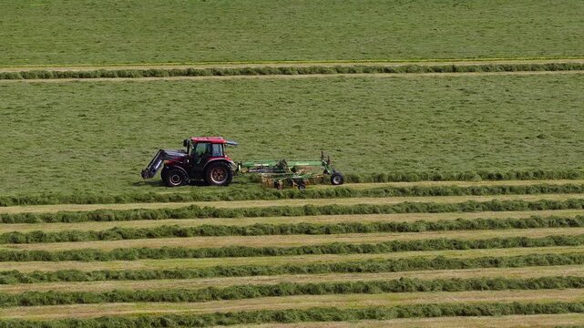 An aerial view shows a tractor towing a rotary rake in the Skogafoss area, forming neat parallel windrows across a summer pasture under soft daylight.