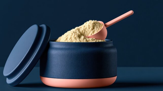 Premium protein powder in an open container with measuring scoop on a dark minimalist background for fitness, nutrition, and supplement concepts.