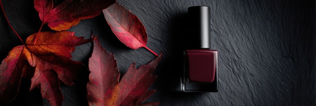 Elegant burgundy nail polish bottle surrounded by autumn leaves on a dark textured background for seasonal beauty and cosmetic concepts.