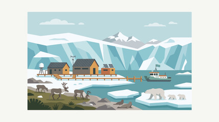 Fototapeta premium Arctic research station featuring wooden buildings with solar panels and a docking boat surrounded by polar bears and grazing reindeer