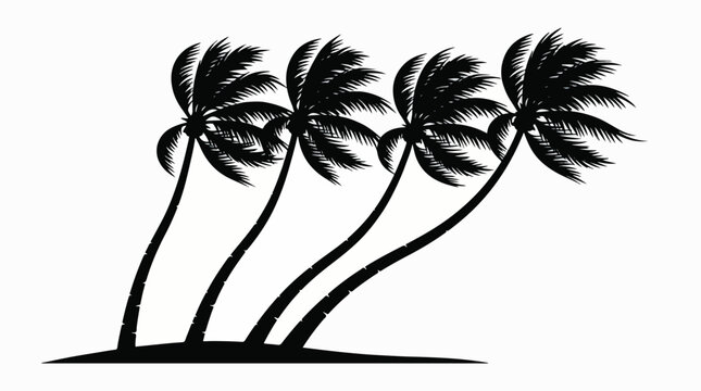 Black and white vector illustration showing four tall palm trees bending in the wind on a small tropical island shore