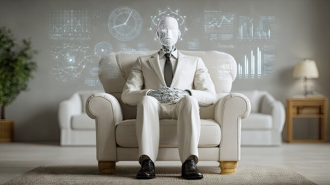 Humanoid robot in suit sitting in modern office armchair.