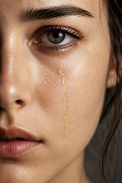 Emotional tear transforming into delicate golden kintsugi repair symbolizing resilience, healing, hope, emotional recovery, personal growth and the beauty found after pain and life challenges