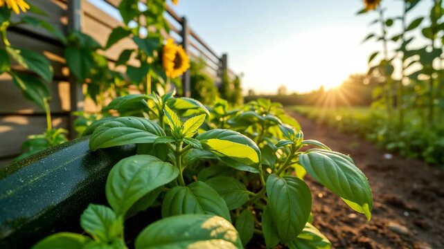 Sunlight bathes vibrant basil leaves in garden bed. Garden bed holds fresh, leafy basil with green, healthy growth. Sun rises behind wooden fence, casting golden glow. Soil appears rich and dark