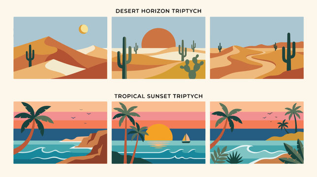 Colorful minimalist vector illustration set featuring desert landscapes and tropical sunset beach scenes with palm trees and rolling sand dunes