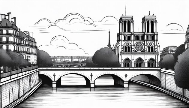 black and white sketch of paris city skyline featuring landmarks like the eiffel tower notre dame cathedral and bridges over the seine river