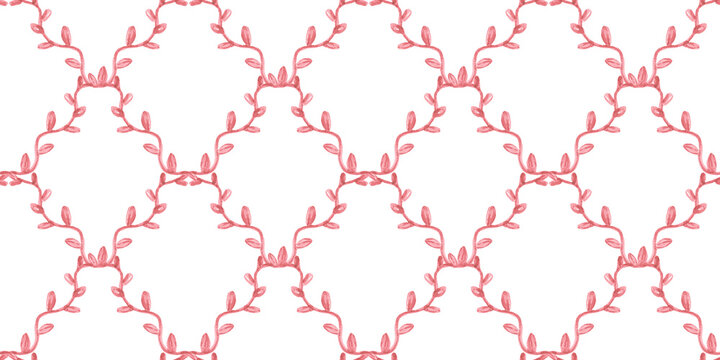 Watercolor Pink Liana Vine Seamless Pattern on Transparent Background for Elegant Coquette Victorian Trellis Designs