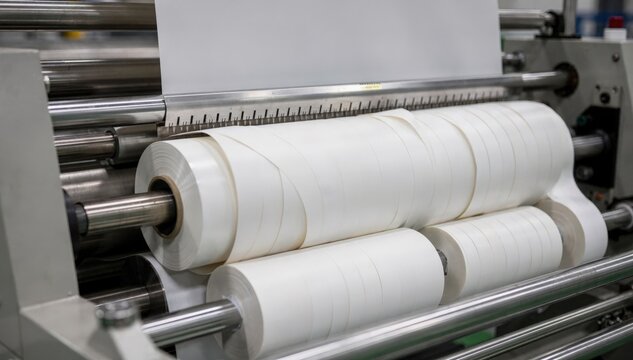 Medium shot of a roll slitting machine dividing a wide master roll into multiple narrow rolls showcasing smooth cutting and precise layering in an industrial setting.