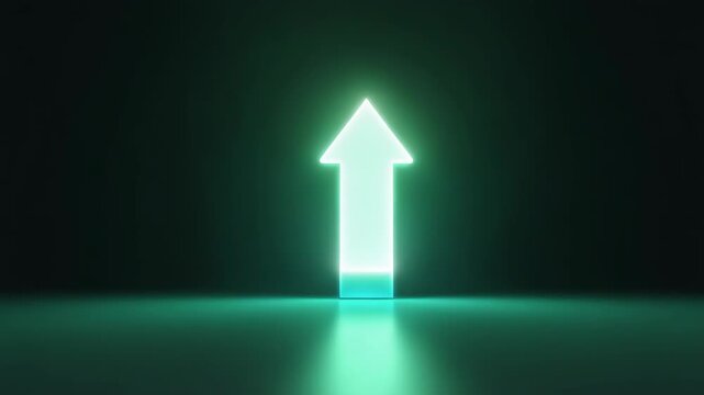 A glowing white upward arrow on a dark green gradient background.