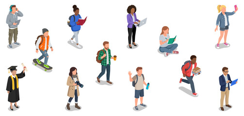 University students and diverse teenagers walking studying and skateboarding on college campus | Isometric people characters vector illustrations set