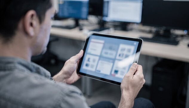 IT specialist reviewing VM template snapshots on a tablet capturing duplicated standardized OS for training lab setup while the surroundings remain softly blurred.