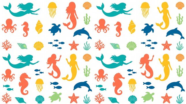 Mermaid and sea life seamless pattern vector background