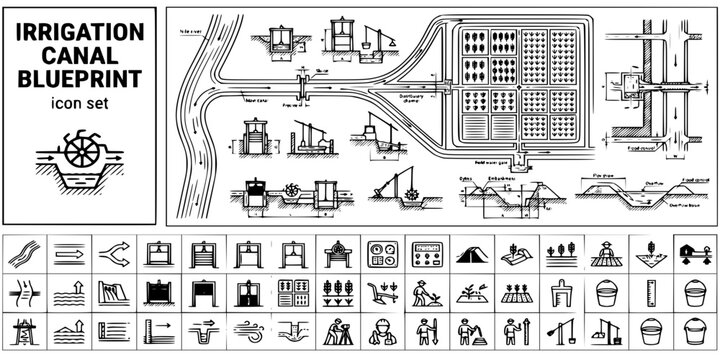 Egyptian Irrigation Canal Blueprint Black White-Gate Field Grid Flood Control-Ancient Engineer Vector-Canal Icon Blueprint-Nile Egypt Design Set