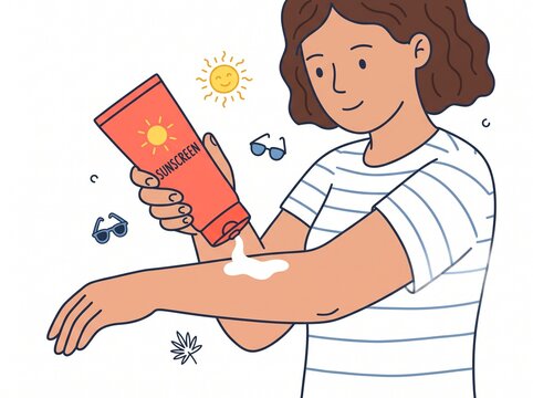 Flat design vector illustration of a young woman applying sunscreen lotion to her arm