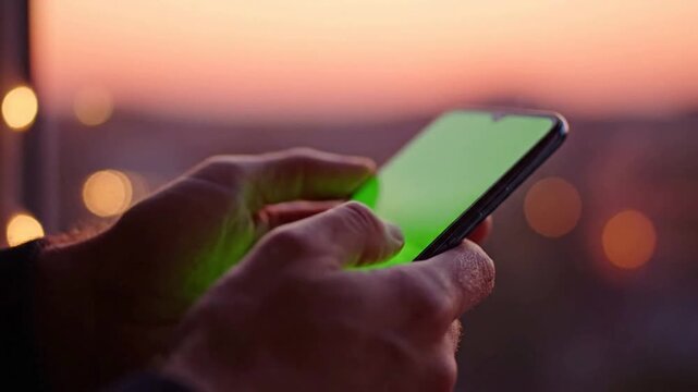 Person using smartphone with green screen chroma key for app mockup at sunset mobile app