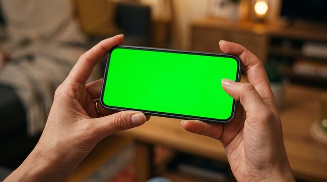 Person holding a smartphone with a green screen in landscape mode indoors with a blurred background
