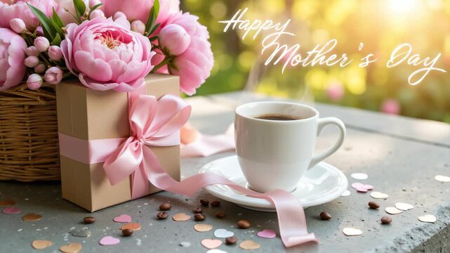 Soft sunlight glows behind pink flowers. Gift wrapped in pink ribbon sits beside coffee cup. Confetti scattered around the table. Handwritten text reads "Happy Mother's Day"