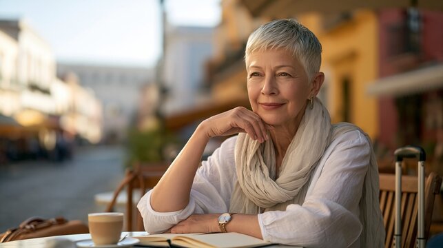 Mature Woman Traveling Alone at Outdoor Cafe, Excellent for Solo Female Travel Over 50, Active Aging and Retirement Lifestyle