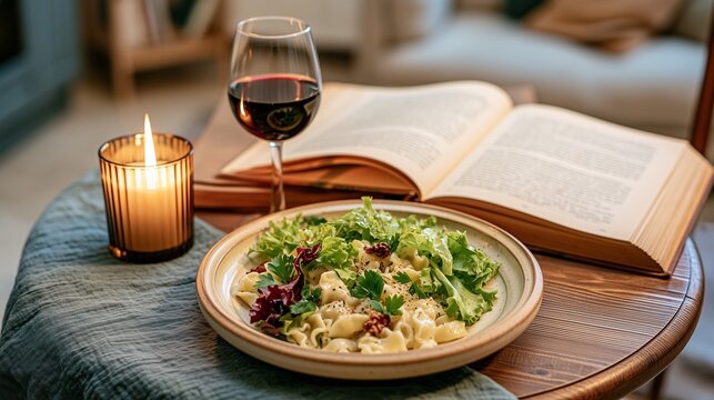 Cozy Solo Dinner with Pasta, Wine, Candle and Open Book, Solo Living and Slow Lifestyle Concept