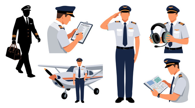 Professional vector collection featuring different pilot poses, walking with flight bag, checking aircraft checklist, saluting before flight, holding aviation headset, standing beside airplane