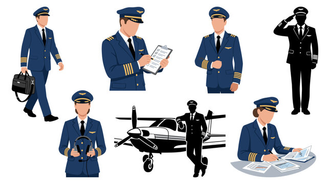 Professional vector collection featuring different pilot poses, walking with flight bag, checking aircraft checklist, saluting before flight, holding aviation headset, standing beside airplane
